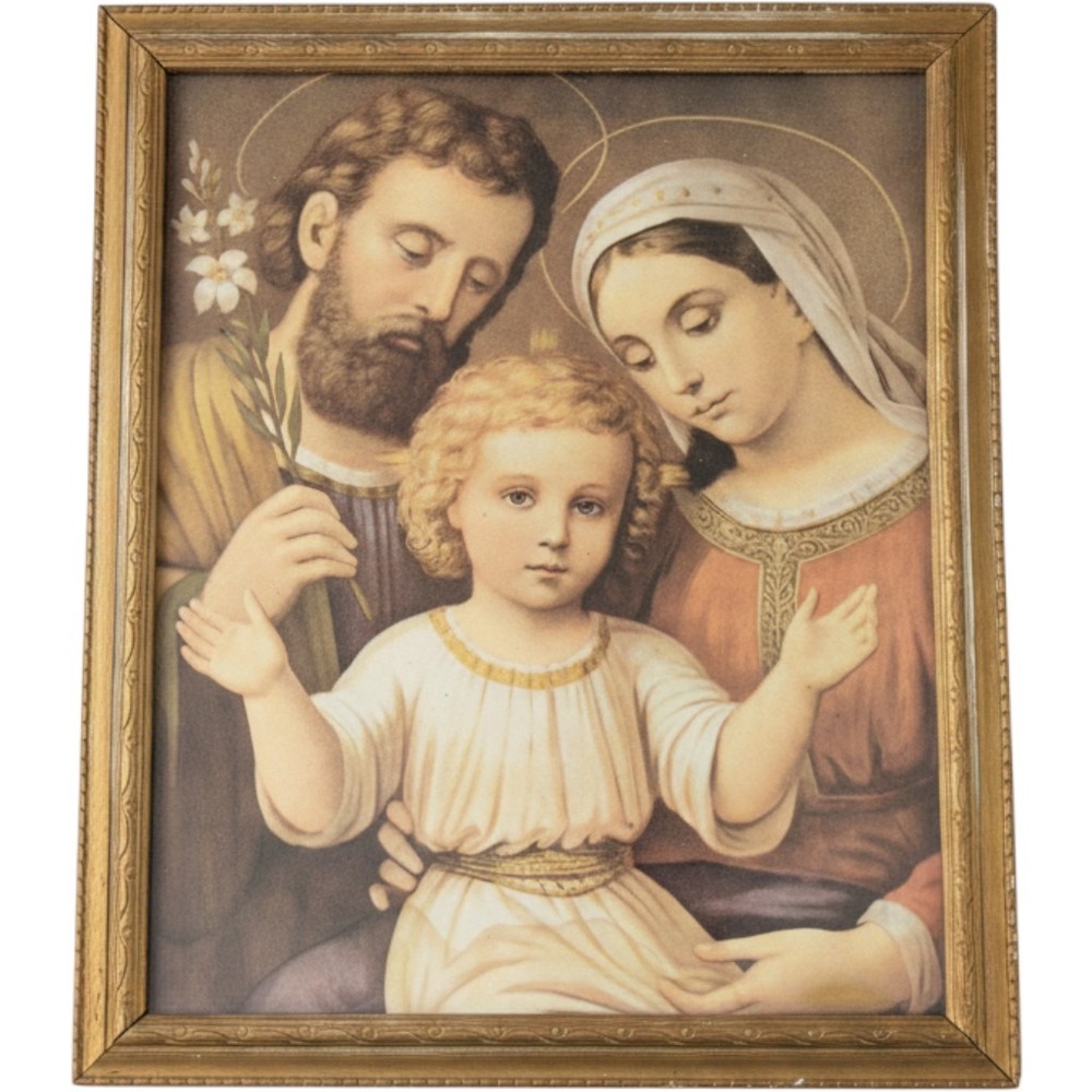 Vintage Holy Family Framed Lithograph Gold Religious Art 1940 Confirmation Gift